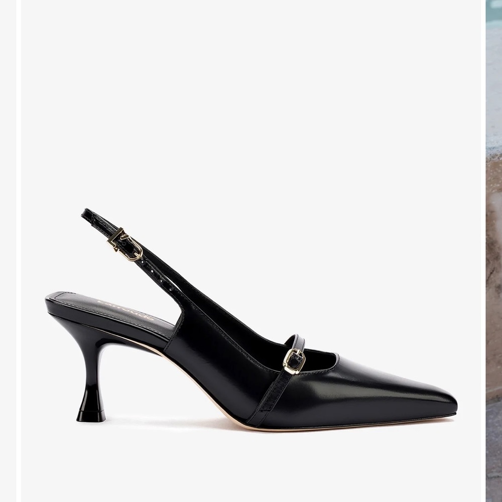 Larroude Black Leather Slingback Heels with Gold Buckle